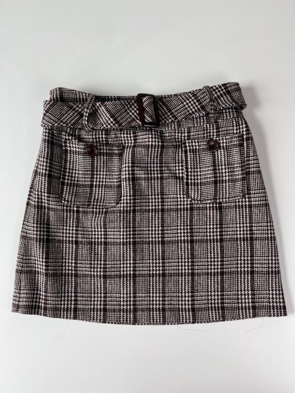 3 Suisses Brown Plaid Belted Mini Skirt Wool Blend size Small Academia Coquette